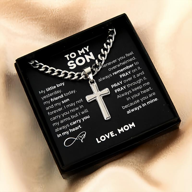 1pc "to My Son" Stainless Steel Cross Pendant Necklace, Birthday Gift, Valentine's Day Gift, Christmas Gift, with Card and Gift Box Packaging, the Perfect Gift for Loved Ones Personalized