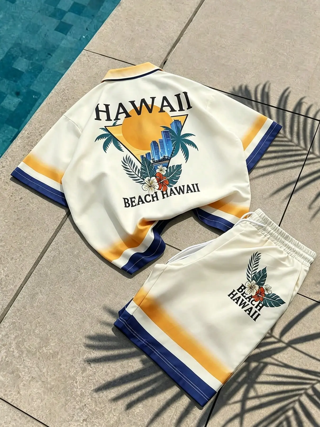 2-Piece Unisex Hawaiian Beach Set, Tropical Palm Print Collared Short Sleeve Shirt & Drawstring Shorts, Casual Summer Vacation