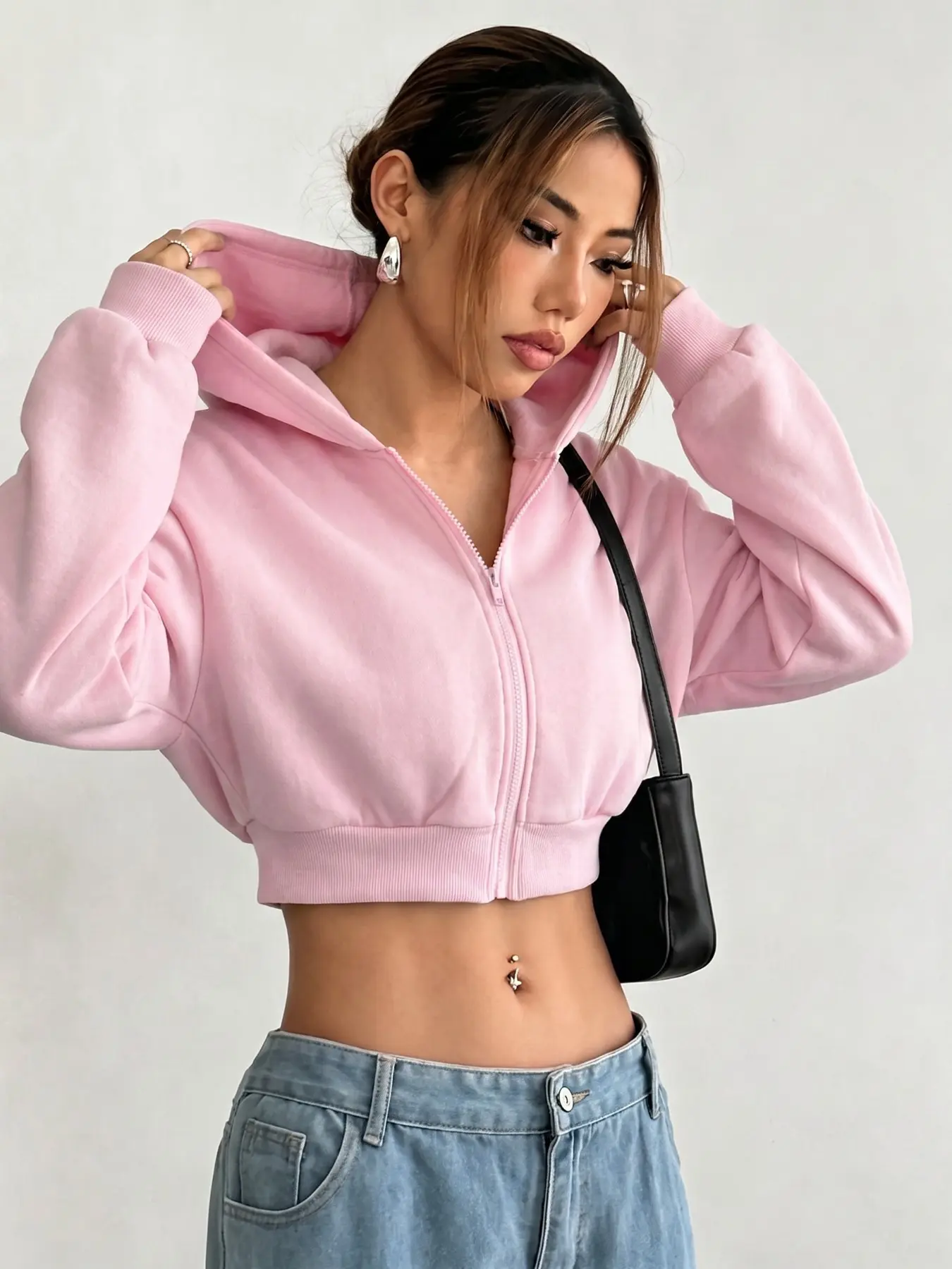 Y2K Women Zip Up Hooded Cropped Sweatshirt, Long Sleeve Loose Fit Crop Hoodie Jacket, Solid Color Casual Short Hooded Outerwear, Streetwear Cropped Hoodie Match Jeans Daily Spring Summer Outfits