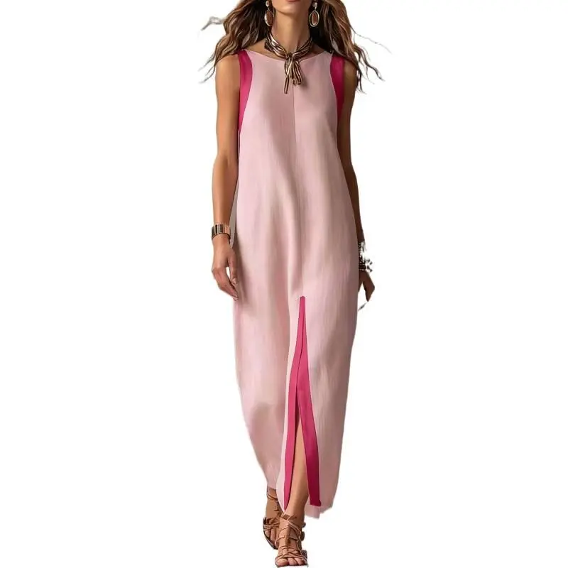 Women Bohemian Sleeveless Color‑Block Slit Tank Dress Casual Elegant Summer Holiday Midi Dress