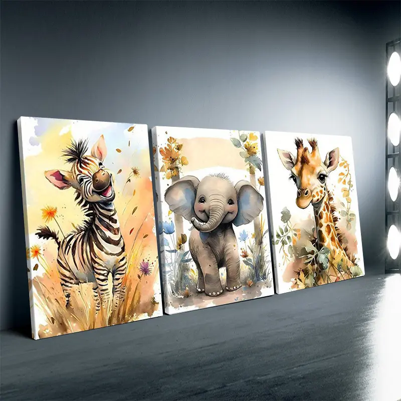 3-Piece Framed Wooden Watercolor Animal Print Posters (Lion, Elephant, Giraffe) - Waterproof Canvas Wall Art, Children’s Room Home Decor, Creative Gift Item Ornaments Artistic Photo