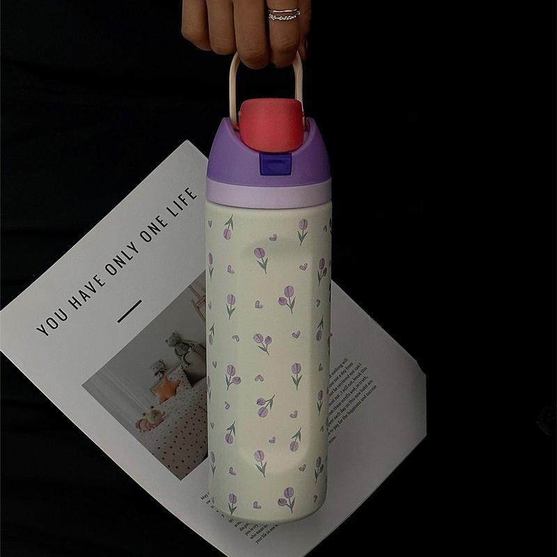 Tulip Pattern Vacuum Flask, 1 Count 24oz/32oz/40oz Stainless Steel Insulated Water Bottle with Straw, Drinking Cup for Home Office School Outdoor, Drinkware, Reusable Tumbler with Lid