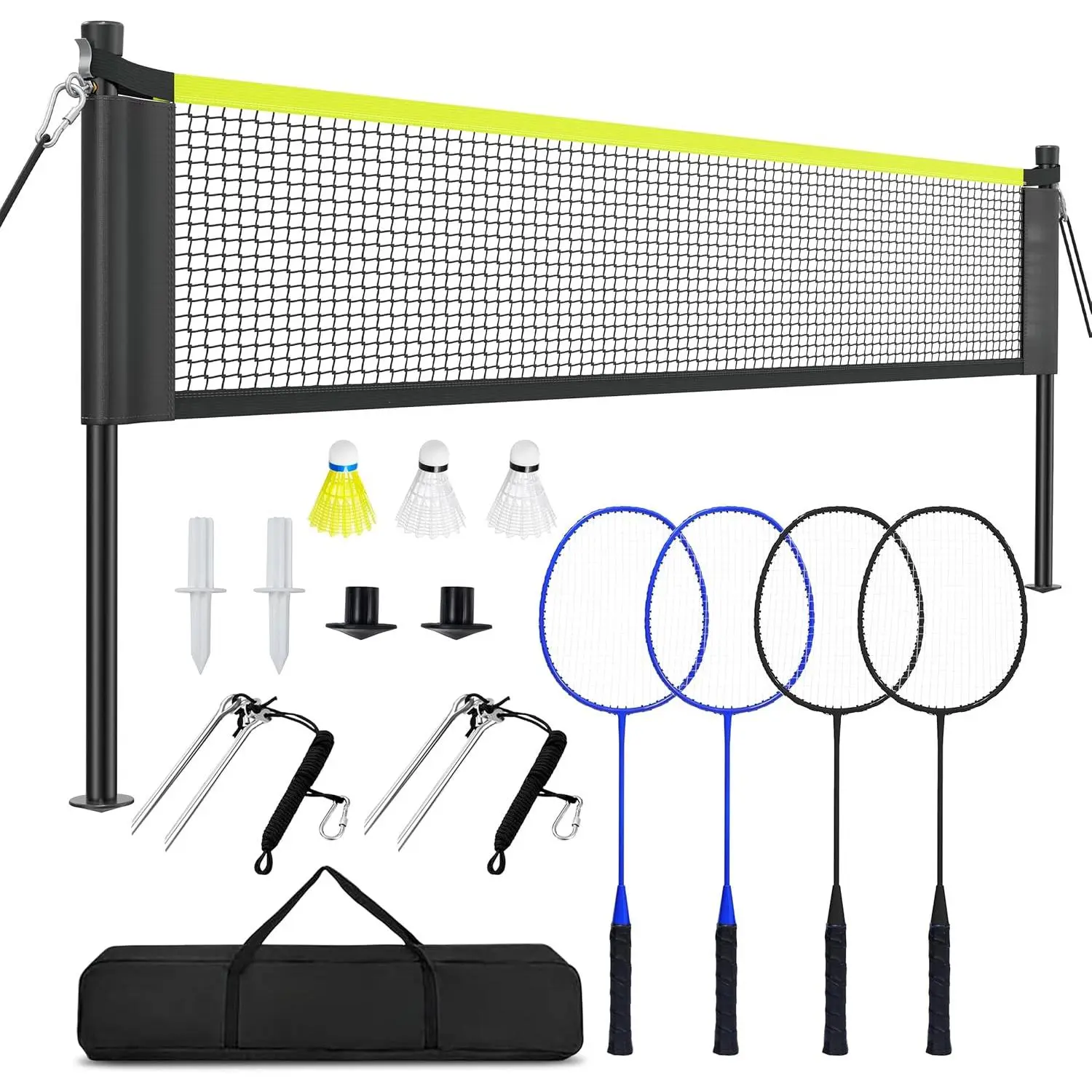 Outdoor Badminton Net Set with Anti-Sag Winch System - Official Size 20ft x 5ft, 4 Rackets, 3 Shuttlecocks, Durable PE Net & Carry Bag for Backyard, Beach, Family Games