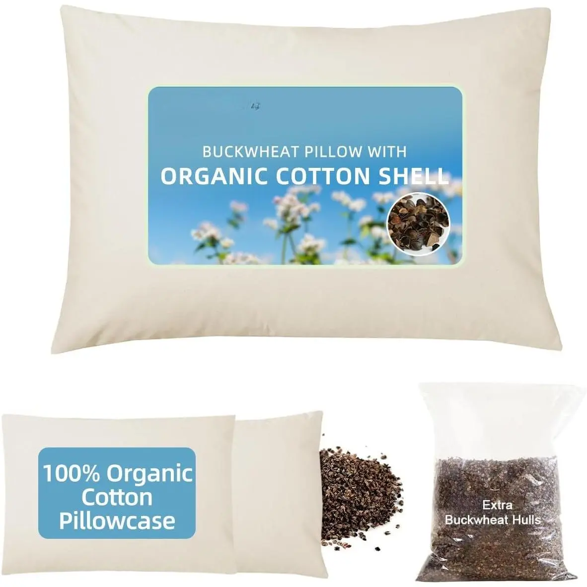 Buckwheat Pillow for Sleeping with Extra  Pillowcase and Hulls, 15"X19" Buckwheat Hull Pillow, Adjustable Height and Firmness, Firm  Support for Side Sleepers, Cool, White