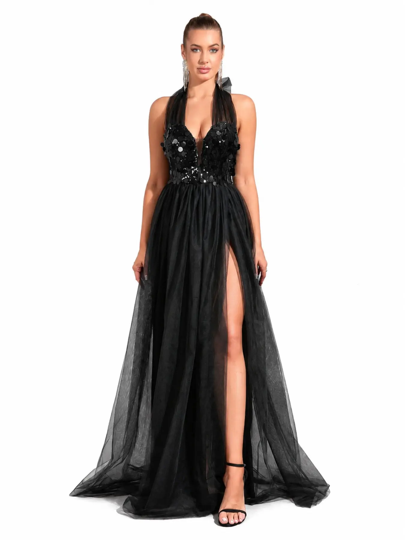 Women Halter Neck Deep V Large Paillette Sequin Bodice High Waist High Slit Flowy Tulle A-Line Maxi Dress, Formal Evening Gown For Prom Wedding Guest Homecoming Gala Embellished Glam Gown