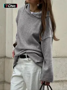 Casual Solid Color Hooded Knit Long Sleeve Sweater, Thin Fabric Fitted Style Knitwear for Fall, Comfortable and Stylish Pullover, Women's Clothing