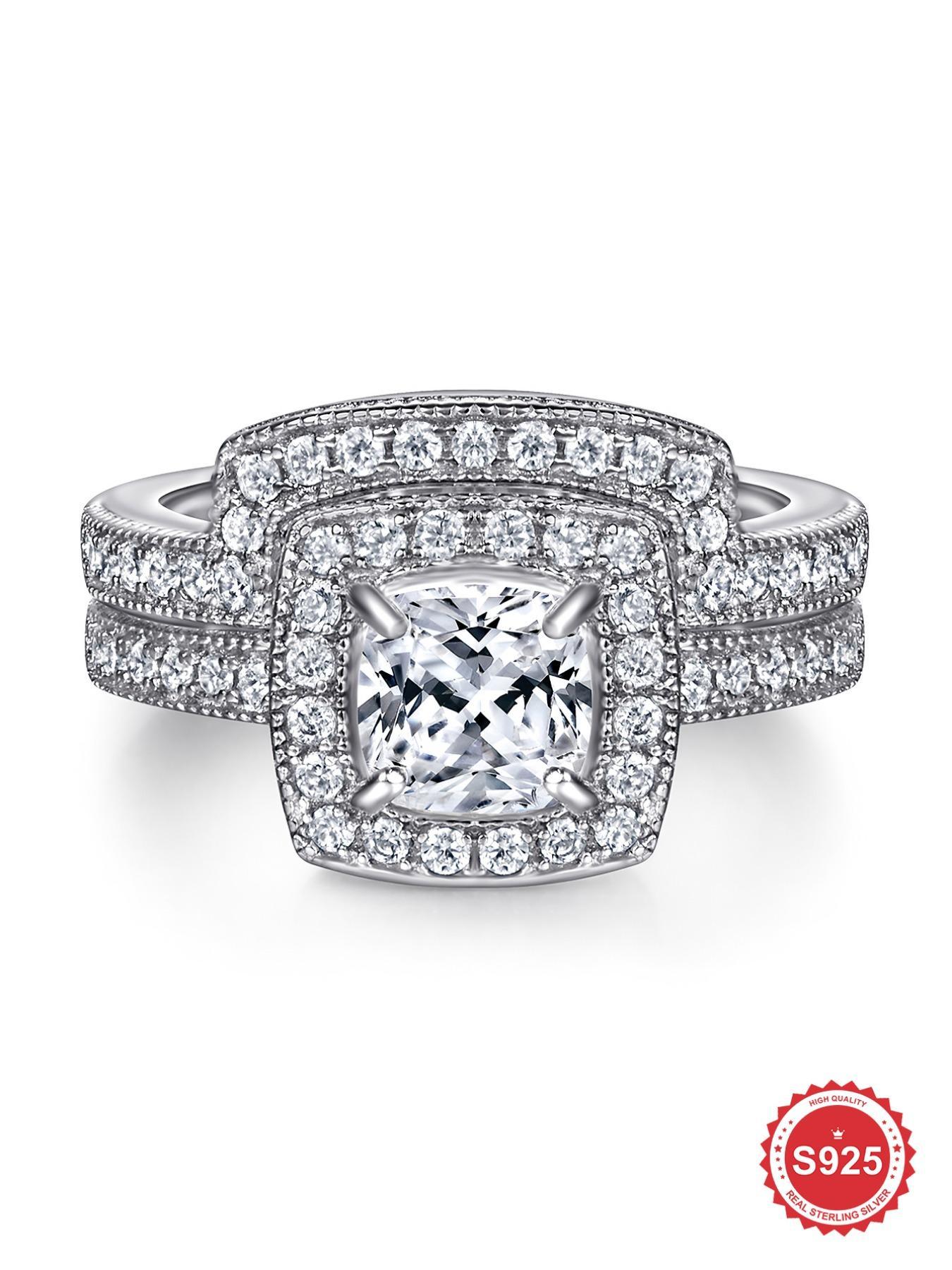 925 Sterling Silver Princess Cut Ring Set, Elegant Jewelry for Women, Fashion Jewelry for Party, Daily Clothing Decor, Trendy All-match & Exquisite Jewelry for Birthday Gift, Bridal Ring Sets, Engagement Rings