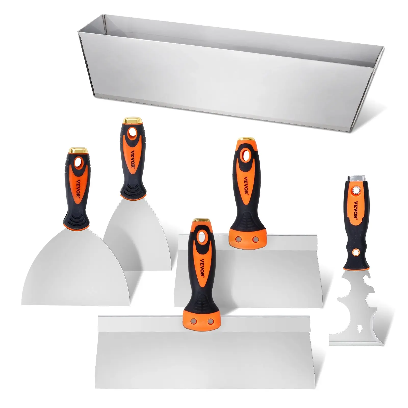 【toolupgrade】VEVOR Multi-Size Functional 6-Piece Drywall Kit - 3" Painter Scraper, 2 Putty Knives, 2 Taping Knives, 12" Rectangular Stainless Steel Pan - Indoor Use Stainless Steel Spackle Finishing Tools for Home