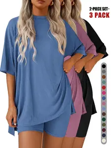 Women's Two Piece Matching Lounge Set, 2026 Summer Casual Oversized Shirts & Biker Shorts, Fitted Plain Design, Perfect for Airport Travel