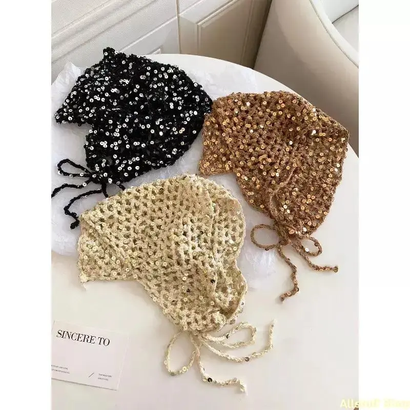 Female French-Style Vintage Knit Sequin-Embellished Hollow Triangle Scarf - Artisanal Touch Handmade Crochet Fashion Hair Scarves, 1 Size for Outdoor Travel (Sports-Outdoor Accessory)