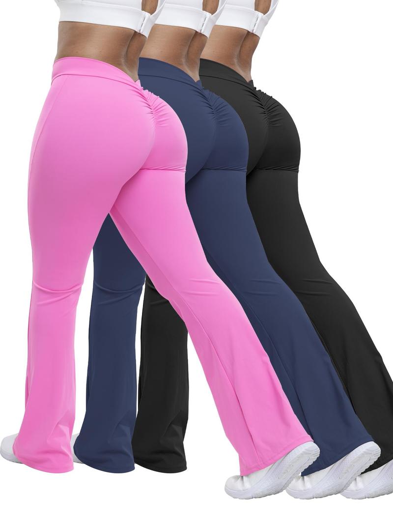 Women's Solid Ruched High Waist Sports Tummy Control Leggings, Comfy Breathable Flare Leg Trousers for Yoga Gym Workout Running, Ladies Sportswear for All Seasons, Gym Clothing, Shaping Leggings