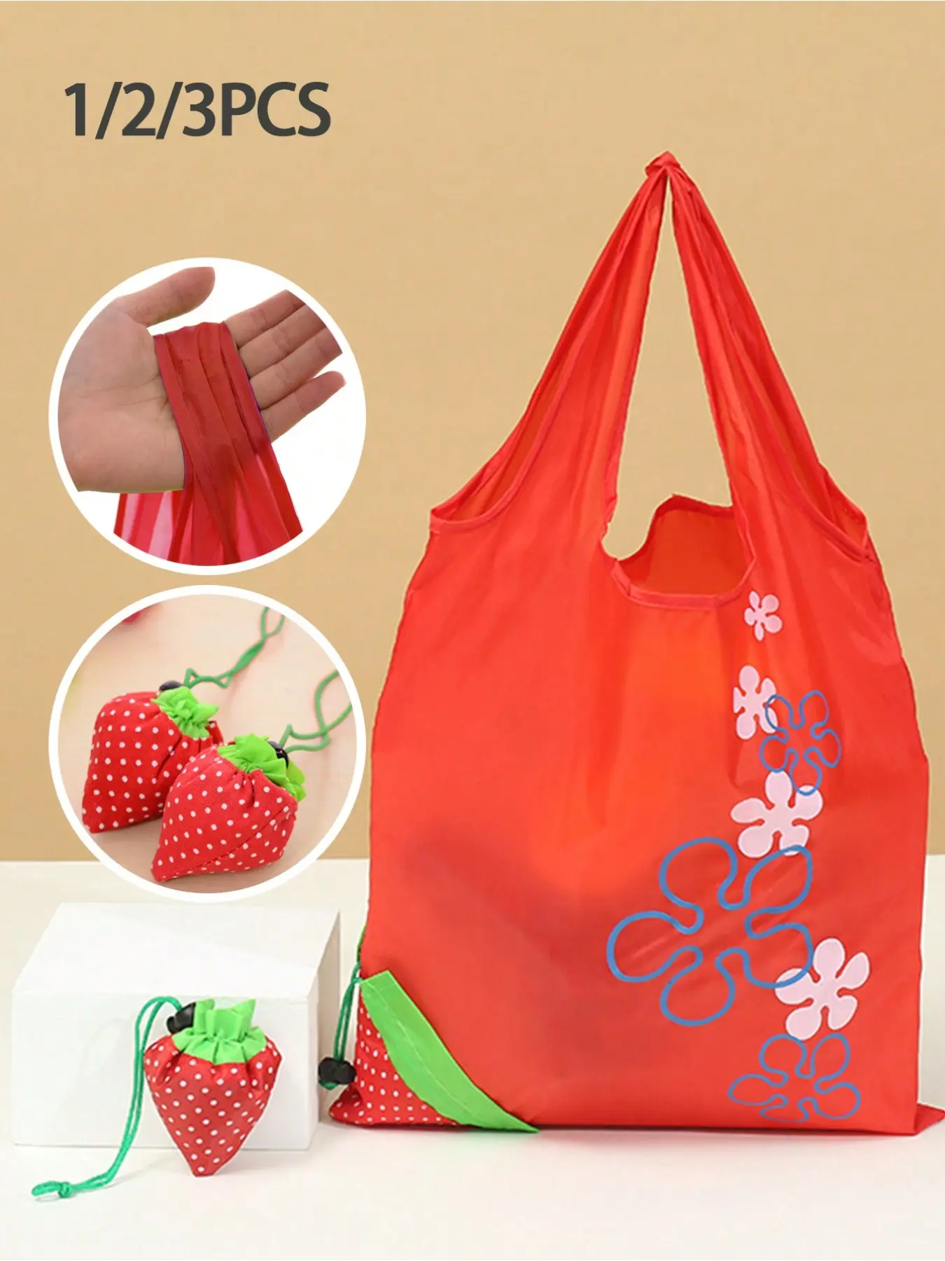 Strawberry Pattern Reusable Shopping Bag, Foldable Storage Bag, Large Capacity, Kitchen Organizer, Shoulder Bag, Travel, Picnic, Camping