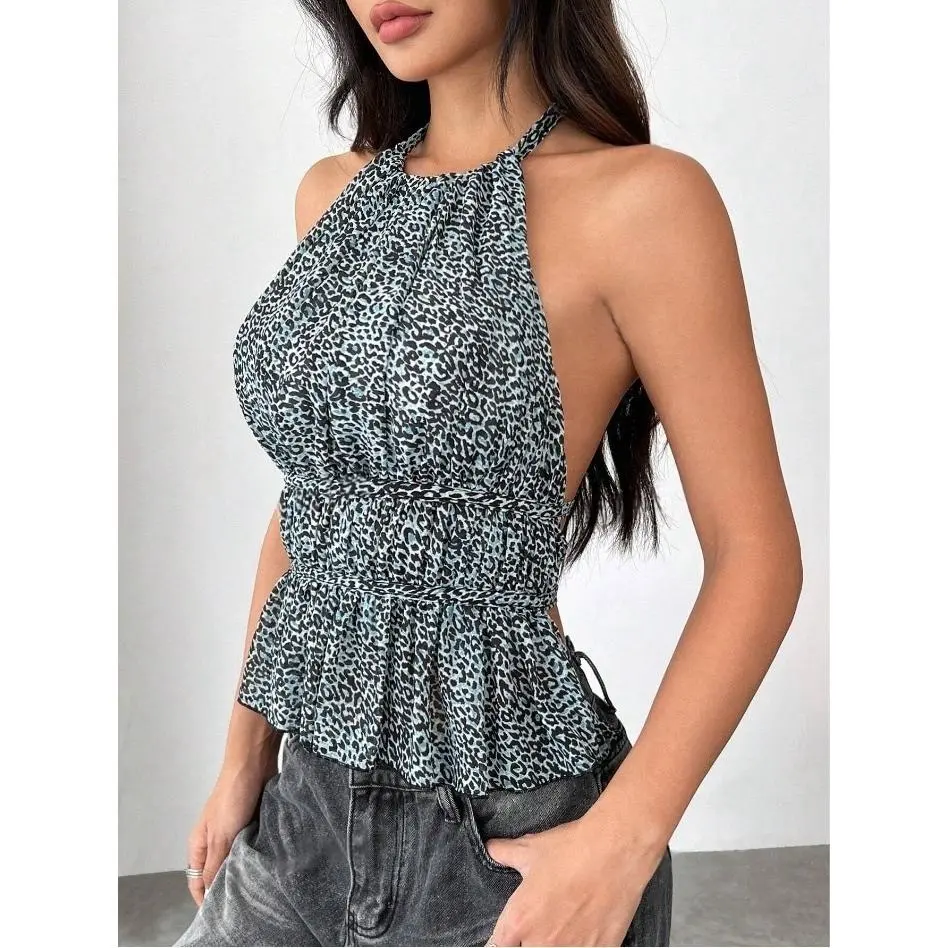 Leopard Print Halter Crop Top Women Backless Self Tie Ruffle Hem Ruched Waist Sleeveless Mesh Camisole Summer Y2K Going Out Tank Top Multi Color