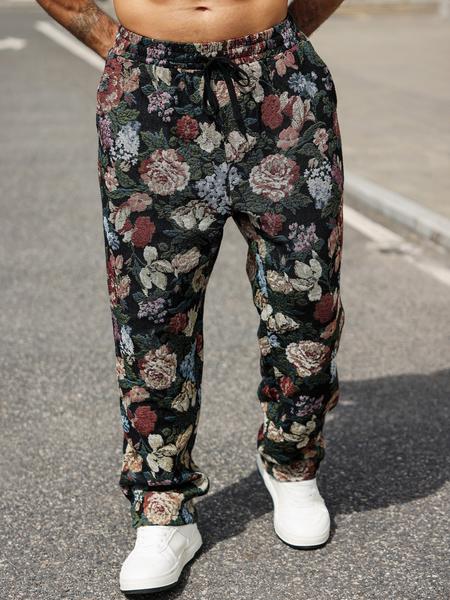 Men's Casual Floral Woven Pants, Elastic Drawstring Waist, Loose Fit, Perfect for Beach Vacation & Music Festivals