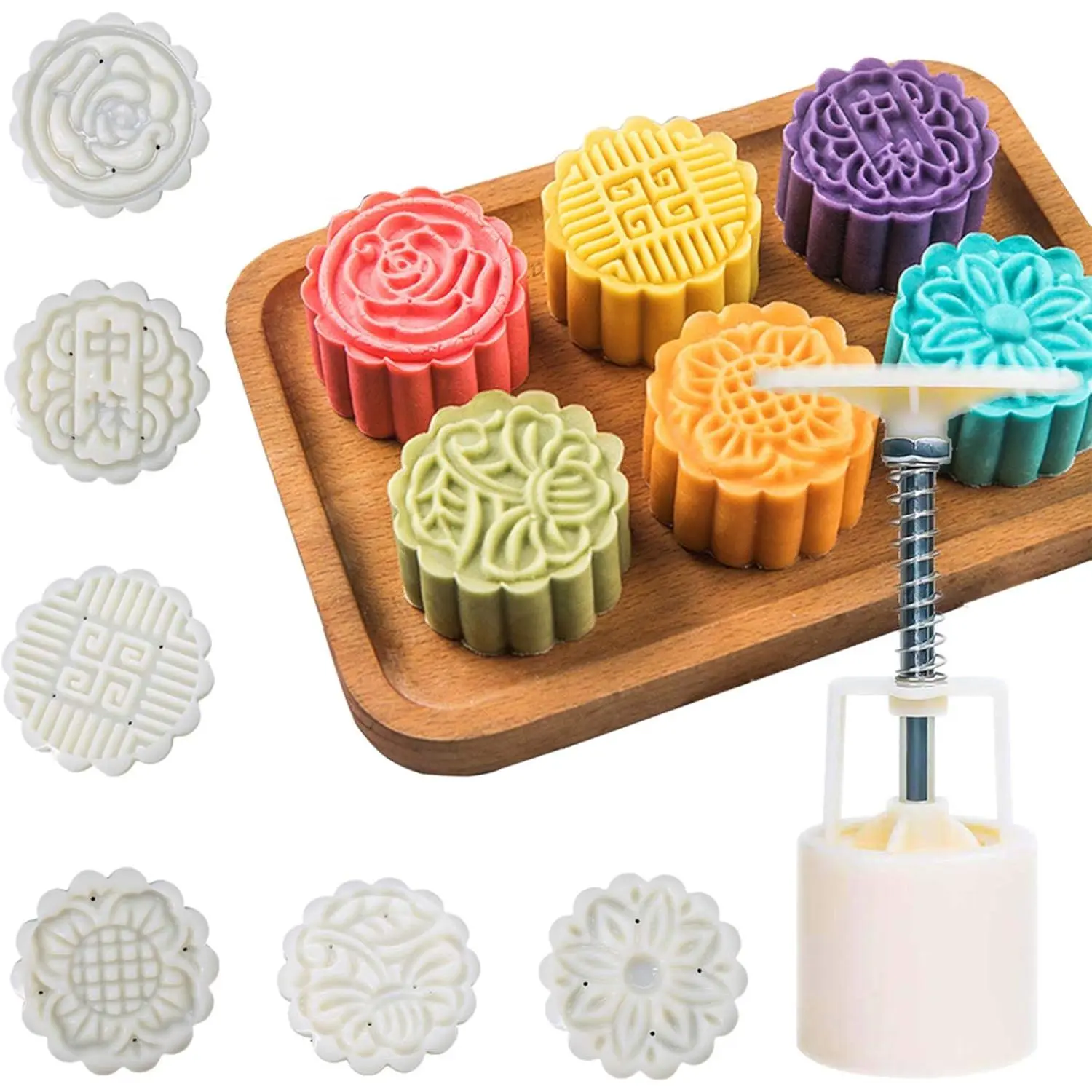 Moon Cake Mold 6 count, Mid Autumn Festival DIY Hand Press Cookie  Pastry Tool Moon Cake Maker, Flower Mode Patterns 1 Mold 6  50g (White).