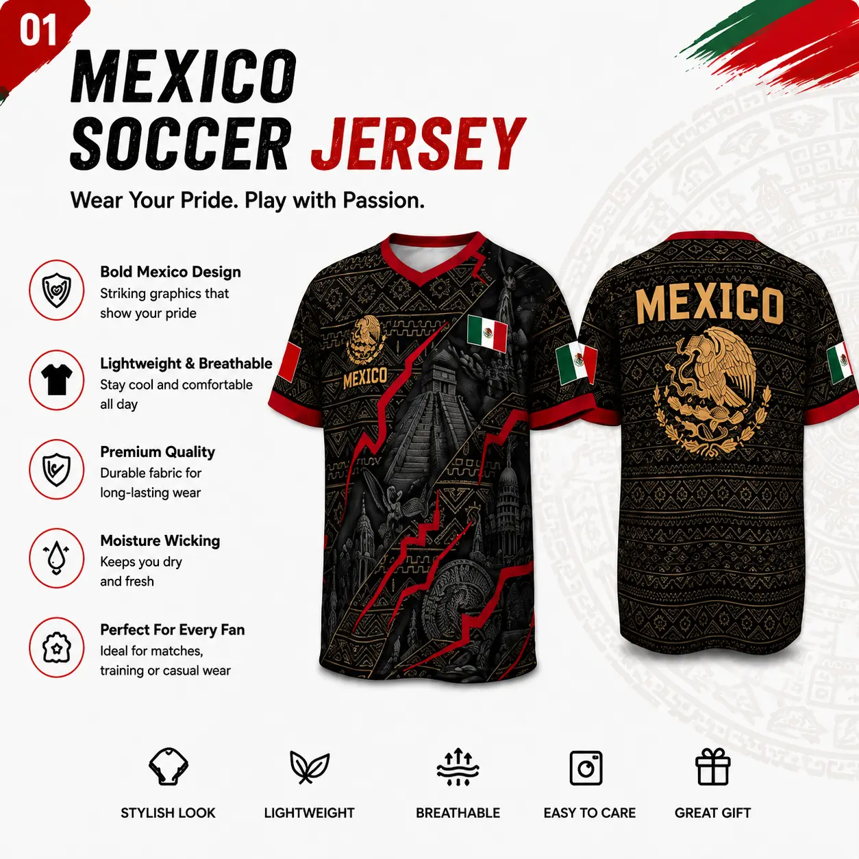 2026 Mexico Soccer Jersey for Men, Black and Gold Retro Football Shirt with Chichen Itza Pyramid & Golden Eagle Design, Aztec Tribal Style V-Neck Jersey - Perfect Gift for Mexican Fans