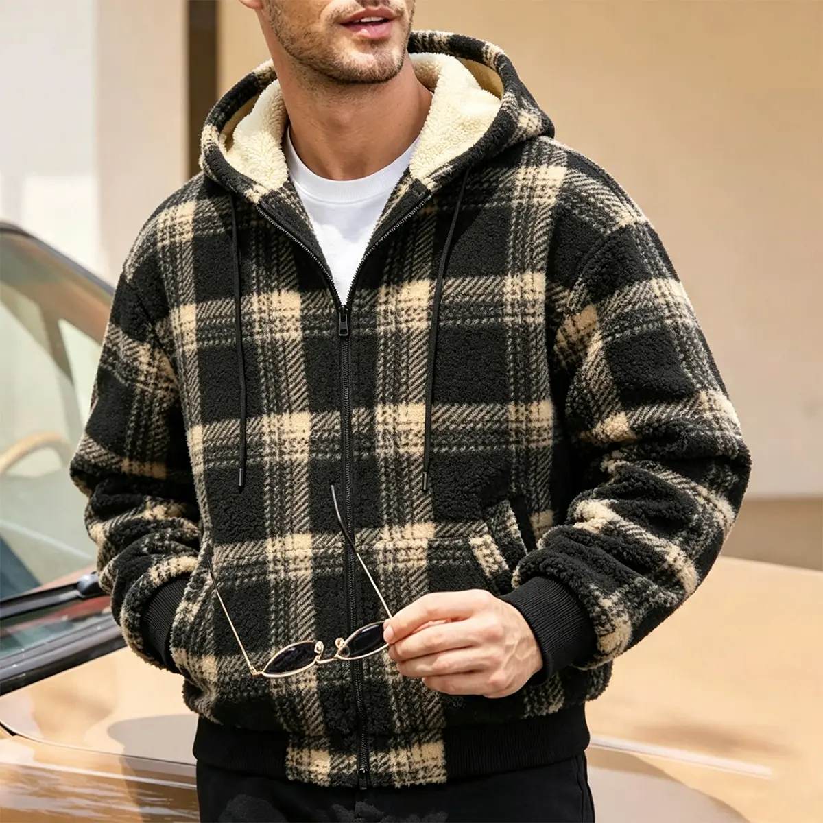 Men's Thick Sherpa Checkered Print Hooded Outerwear Coat - Polyester Shell, Medium-Length Fitted Cut, Full Zip, Wind-Resistant, Drawstring Hood, Ribbed Hem & Cuffs, Hand Pockets, Cold Machine Wash, Ideal for Dating & City Daily Use