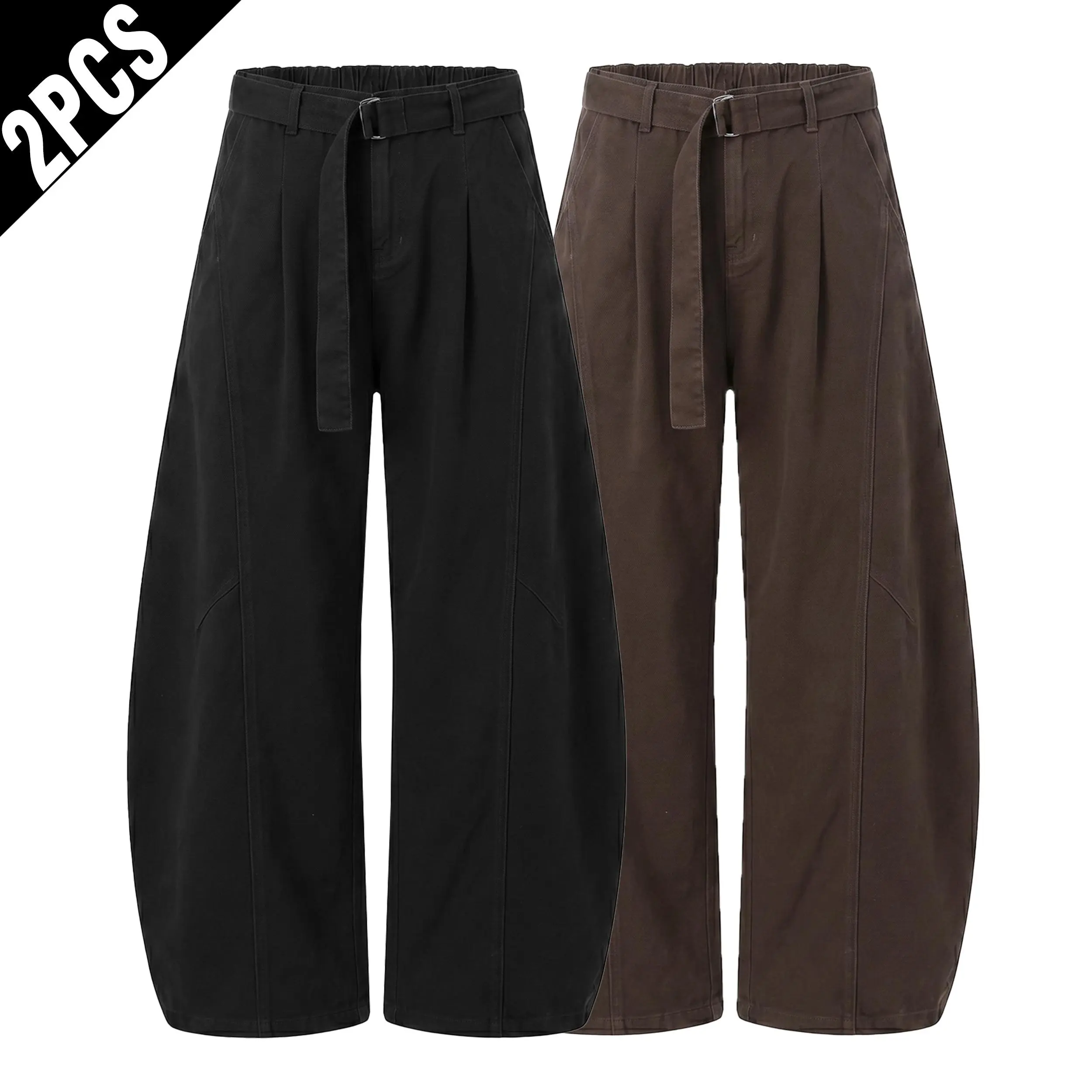 2 Pack Men Elastic Waist Belt Pleated Balloon Baggy Pants, Solid Loose Wide Leg Casual Street Vintage Relaxed Long Trousers Multipack sport pant sweatpants