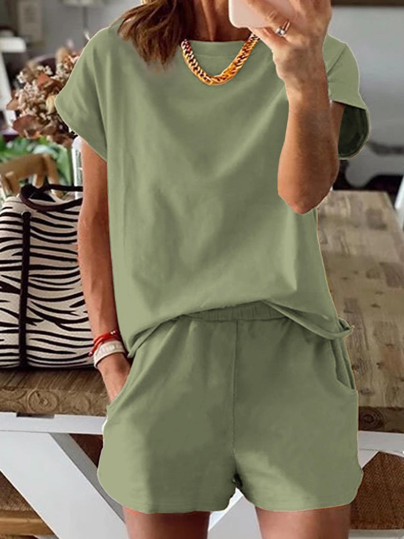 Women's Solid Co-ord Set, Casual Short Sleeve Tee & Elastic Waist Shorts Set, Women's Summer Clothes for Daily Wear, Cute Summer Outfit