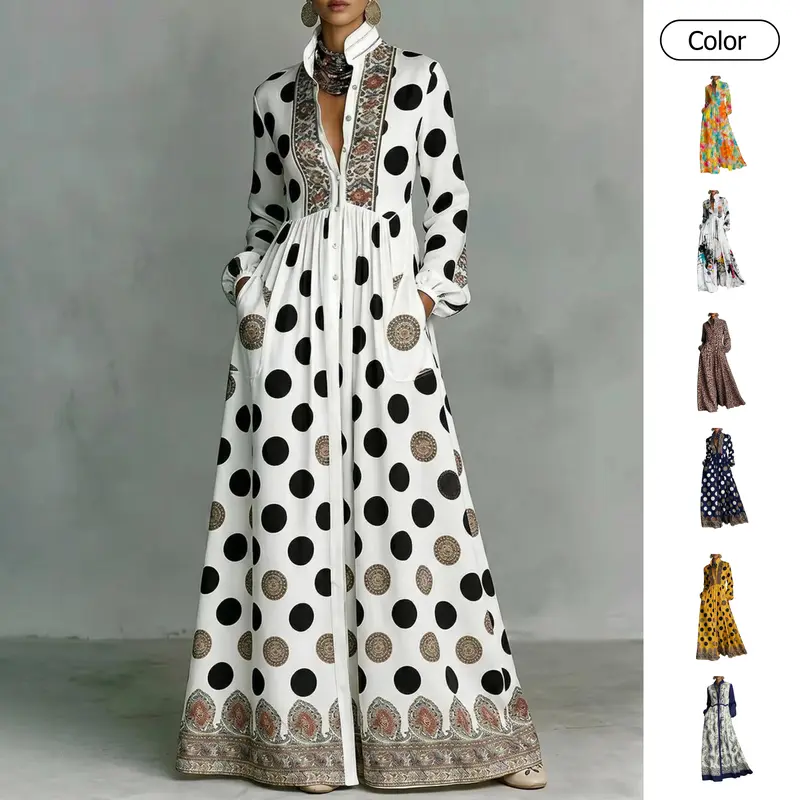 Women's Soft Polka Dot Bohemian Maxi Dress - Vintage Button-Front Long Balloon Sleeves, Flowy Comfortable Polyester Fabric, White Base Print, Contrast Trim, Pockets, Breathable, Flattering Fit, Ideal for Vacation, Casual Beach Wear