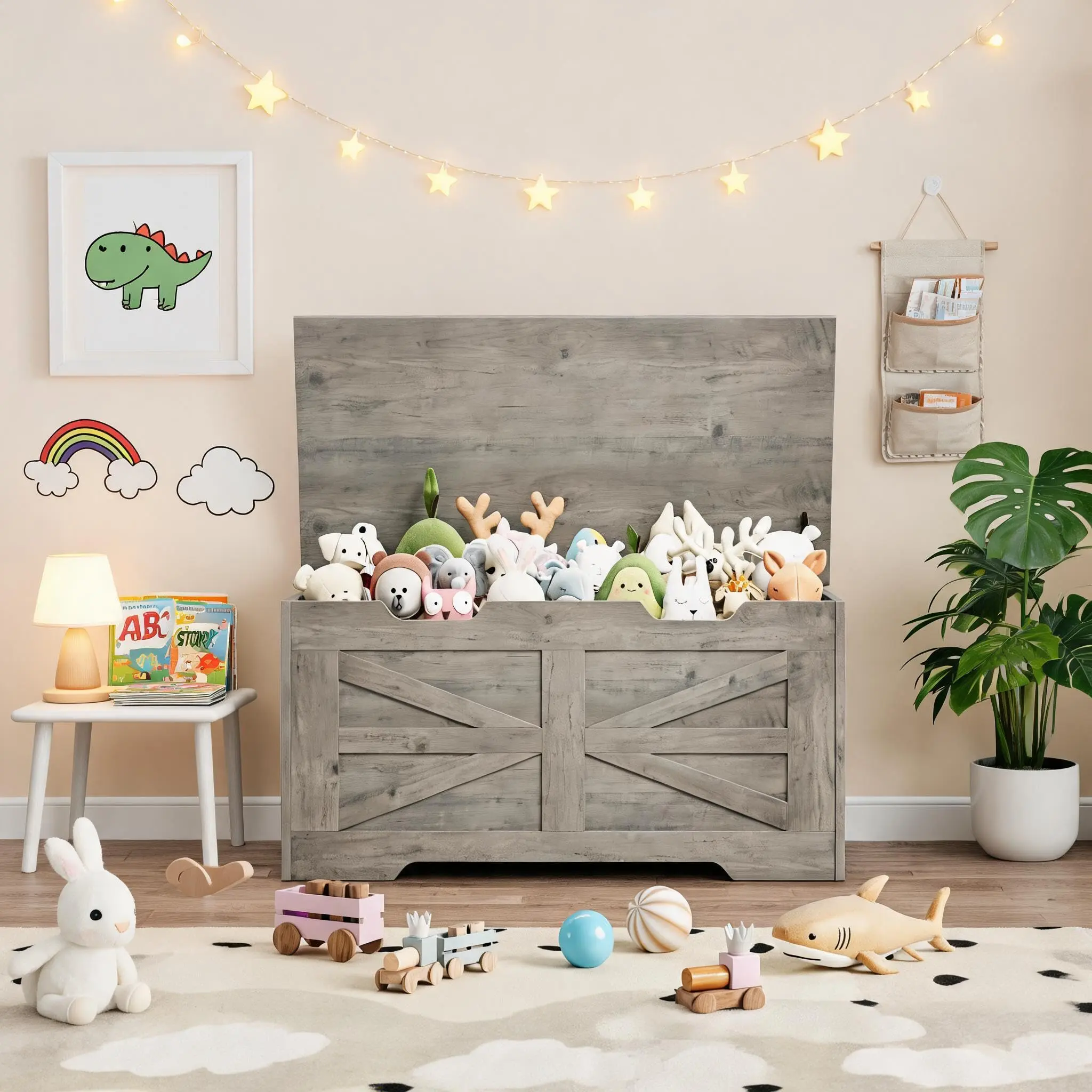 Garvee Versatile 90 cm Wooden Storage Bench with Safety Hinge, Rustic Gray Finish, Perfect for Organizing Blankets, Toys, and Shoes in Entryway, Living Room, or Bedroom