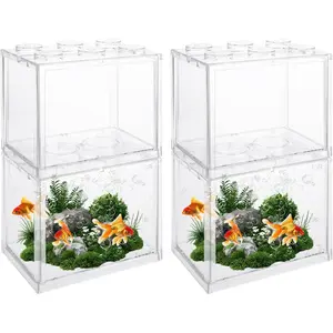 4 Pack Small Betta Fish Tank, 0.6 Gallon Mini Aquarium Tank, Clear Stackable Fish Bowl, Acrylic Tiny Cube Tank for Beta Fish Sea Monkeys Shrimp Snails