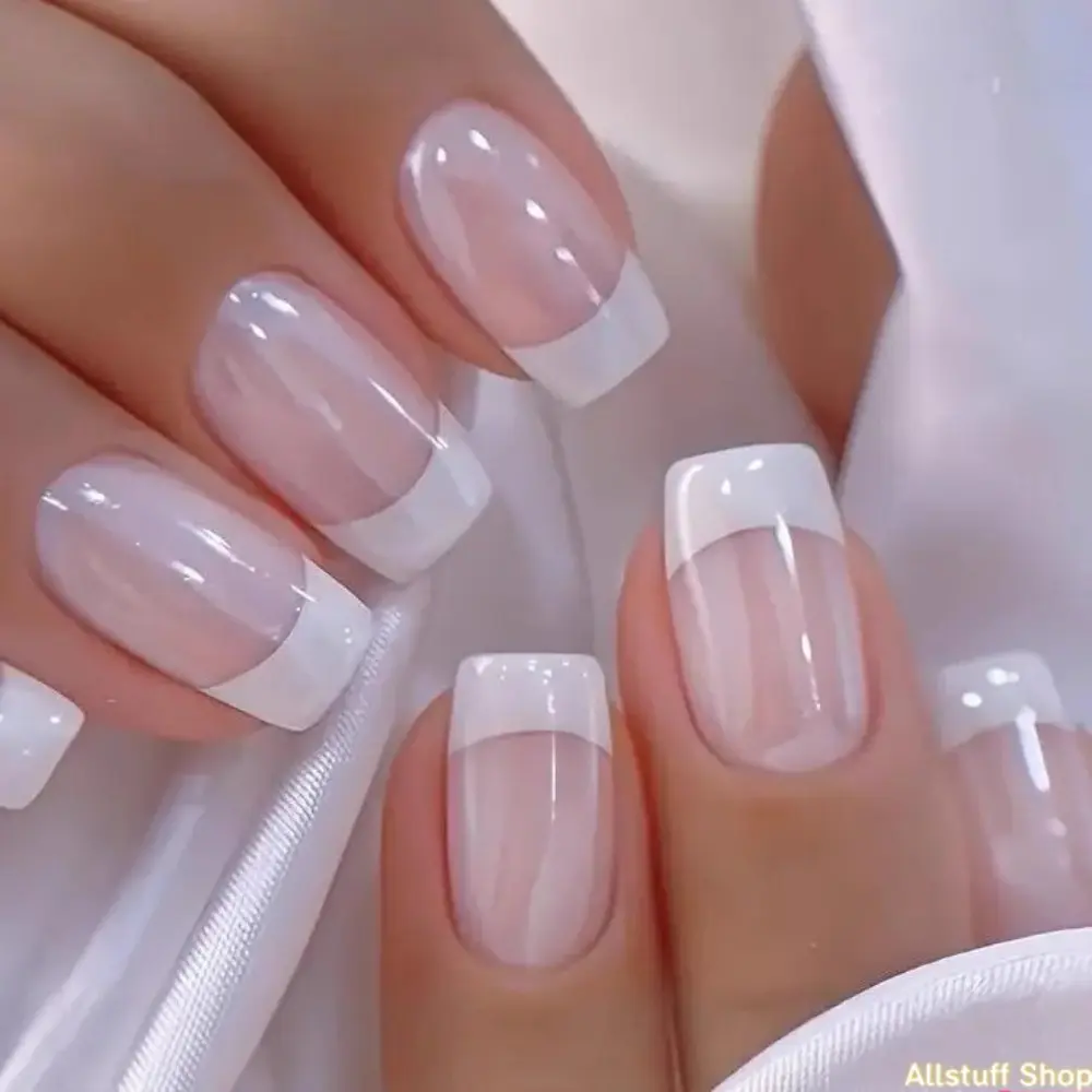 Women's 24-Piece Reusable Acrylic Resin Press On Nails Set - Short French Tip Nails, White Minimalist, Easy Apply, Full Coverage, Natural Fit, Long-Lasting for Daily Work Wear