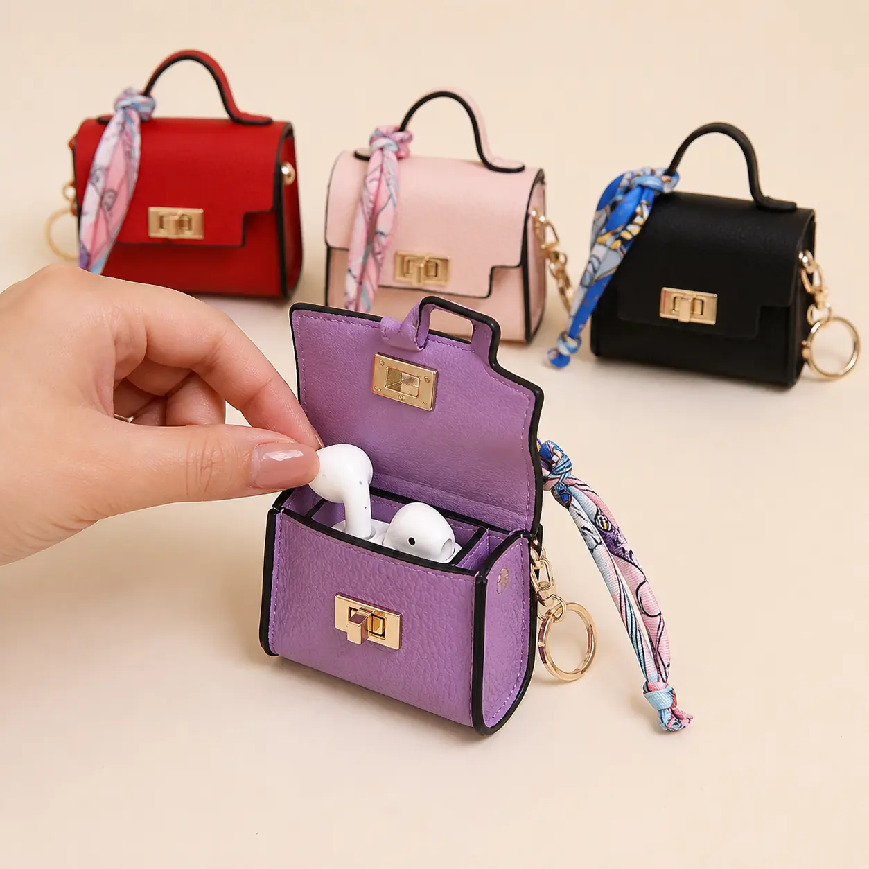 Bag Purse Charms Set of 4 - Mini Purse Accessories, Earbud Holder Keychain Pouches