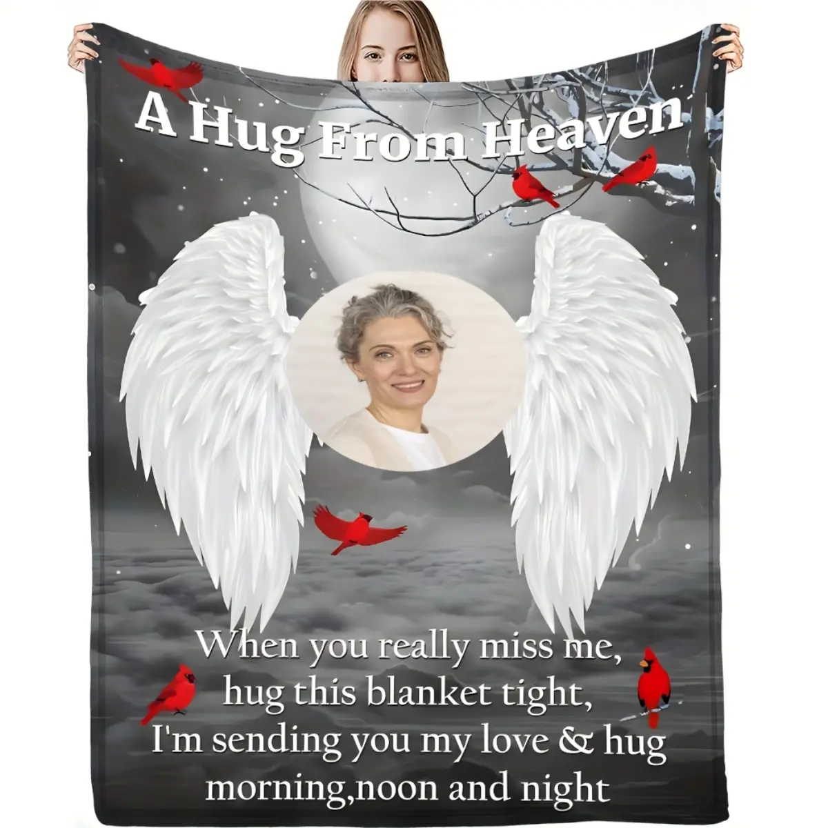 1 Custom Photo Personalized "Angel Hug" Geometric Knitted Crochet Modern Classic 1-Piece Wrinkle-Free Flannel Blanket - Cozy, Versatile All-Season Bedding Throw - Ideal Holiday/Birthday Gift for Family - Suitable for Sofa, Bed, Travel