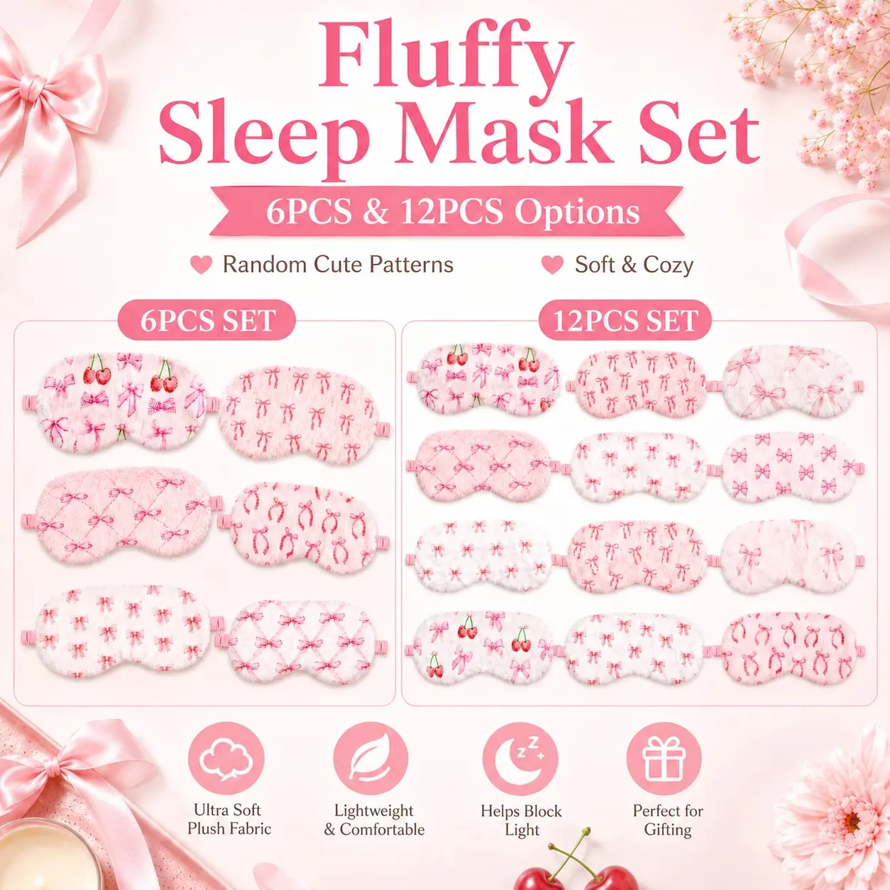 Cute Bow Plush Sleep Mask, Fluffy Light Blocking Eye Cover, Soft Adjustable Elastic Blindfold, Travel Nap Sleepover Party Supplies