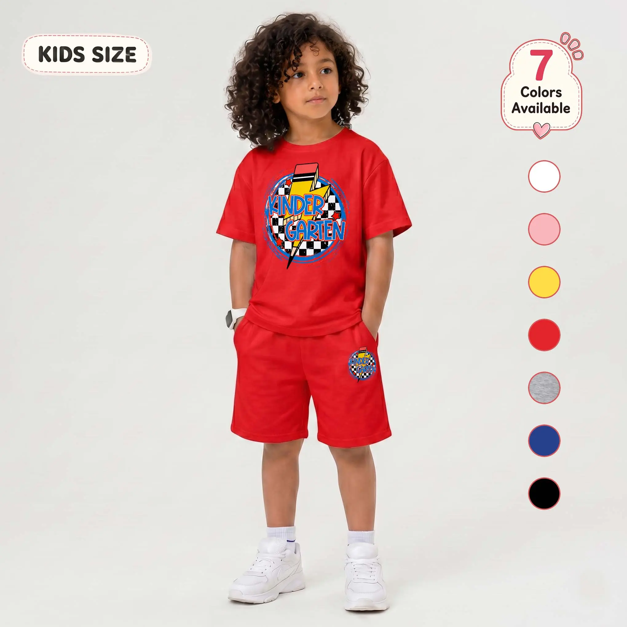 Kids’ "Back-to-School Day" Themed Kindergarten Cartoon Print Short-Sleeve T-Shirt And Shorts Set—Casual Summer Kids' Clothing. This Round-Neck Outfit Combination Is Perfect For Everyday Wear And Outdoor Play.