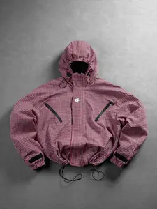 2026 New Arrival Men Vintage Tiny Plaid Techwear Windbreaker Hoodie Jacket Full Check Print Drawstring Hood Hem Magic Tape Cuff Water Resistant Short Loose Outerwear Red Brown Black White Multi Colors City Camping Daily Spring Fall Casual Street Outfit