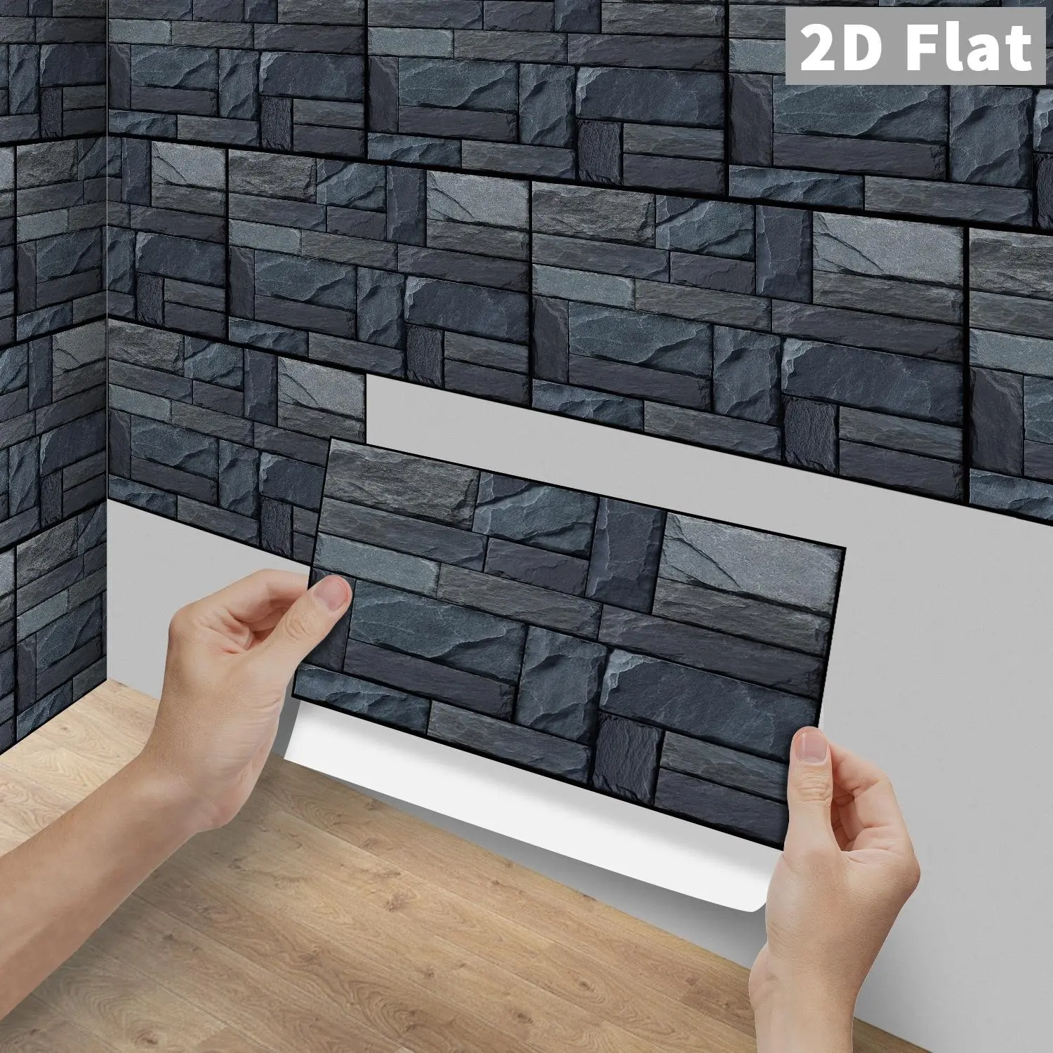 6/12/24/48Pcs FG Dark Grey Rustic Slate Stone Mosaic Tile Stickers, Decorative Sticker 2D Flat PVC Crystal Film Self Adhesive Waterproof Oilproof Wall Decals For Kitchen Bathroom Floor Wood