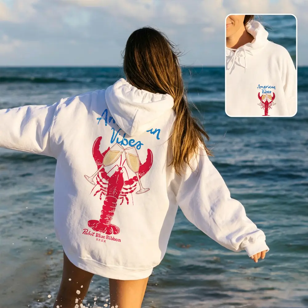 Unisex 100% Cotton Oversized Hoodie | Vintage Americana Lobster Graphic Sweatshirt, Retro Beer Vibe Heavyweight Pullover, Coastal Cool Streetwear