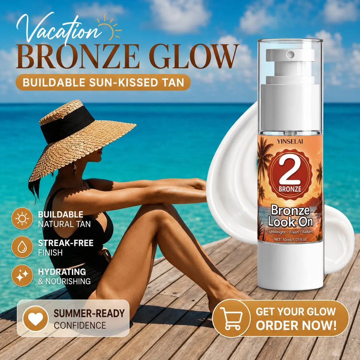 Bronze Glow Essence, Natural Sunless Tan Lotion, Fast-Drying, Non-Sticky, Aloe Acid, Body & Face, Healthy Wheat Color, Vacation Essential
