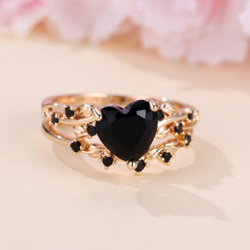 2-Piece Red Green Zirconia Inlaid Copper Band Rings Elegant Stackable Heart Puzzle Couple Rings for Wedding Engagement Matching Jewelry