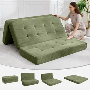 6"  Full Size Tri-Fold Mattress, Tufted Folding Corduroy with Chenille Fabric, Portable Floor Guest Mat for Adults, Foldable Sleeping Pad for Camping, Guest & Toddler, 80.4" x 60" x 6"