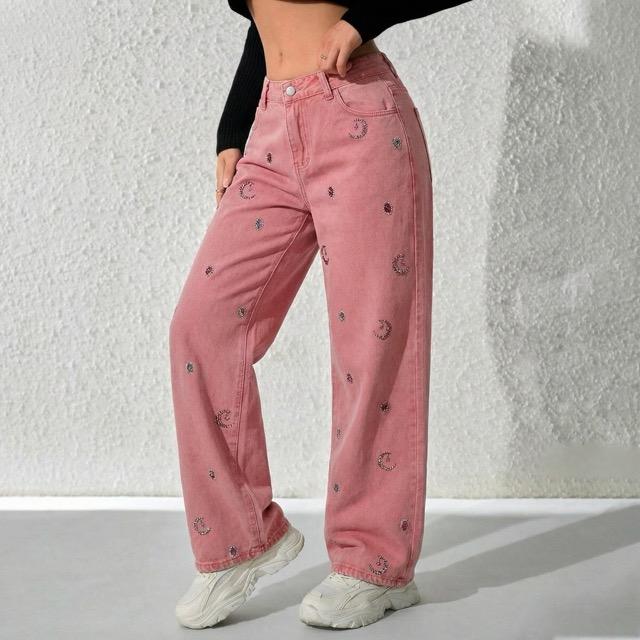 2026 Women's Pink High Waisted Wide Leg Jeans with Rhinestone Moon & Stars, Sparkly Embellished Loose Baggy Denim Pants, Y2K Aesthetic Soft Girl Style