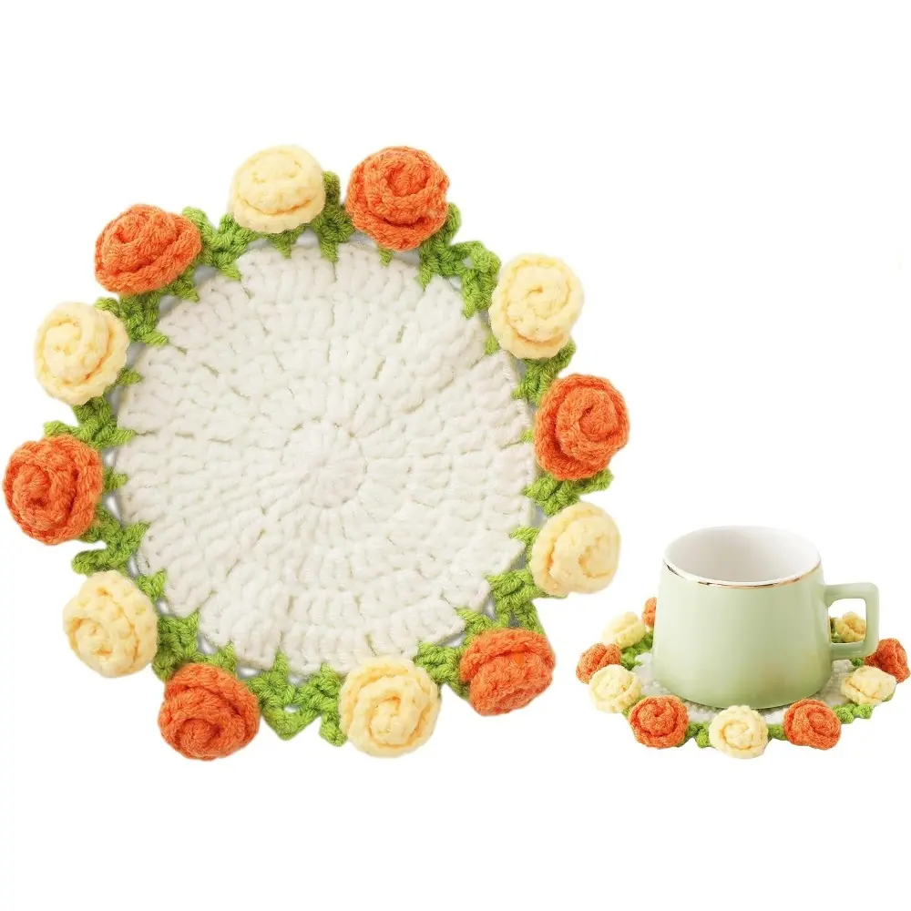 Handmade Crochet Flower Bouquet Coaster Set - Yarn-Knitted Coffee/Tea Cup Accessory, Mother’s Day Gift for Mom, Tabletop Home Decor