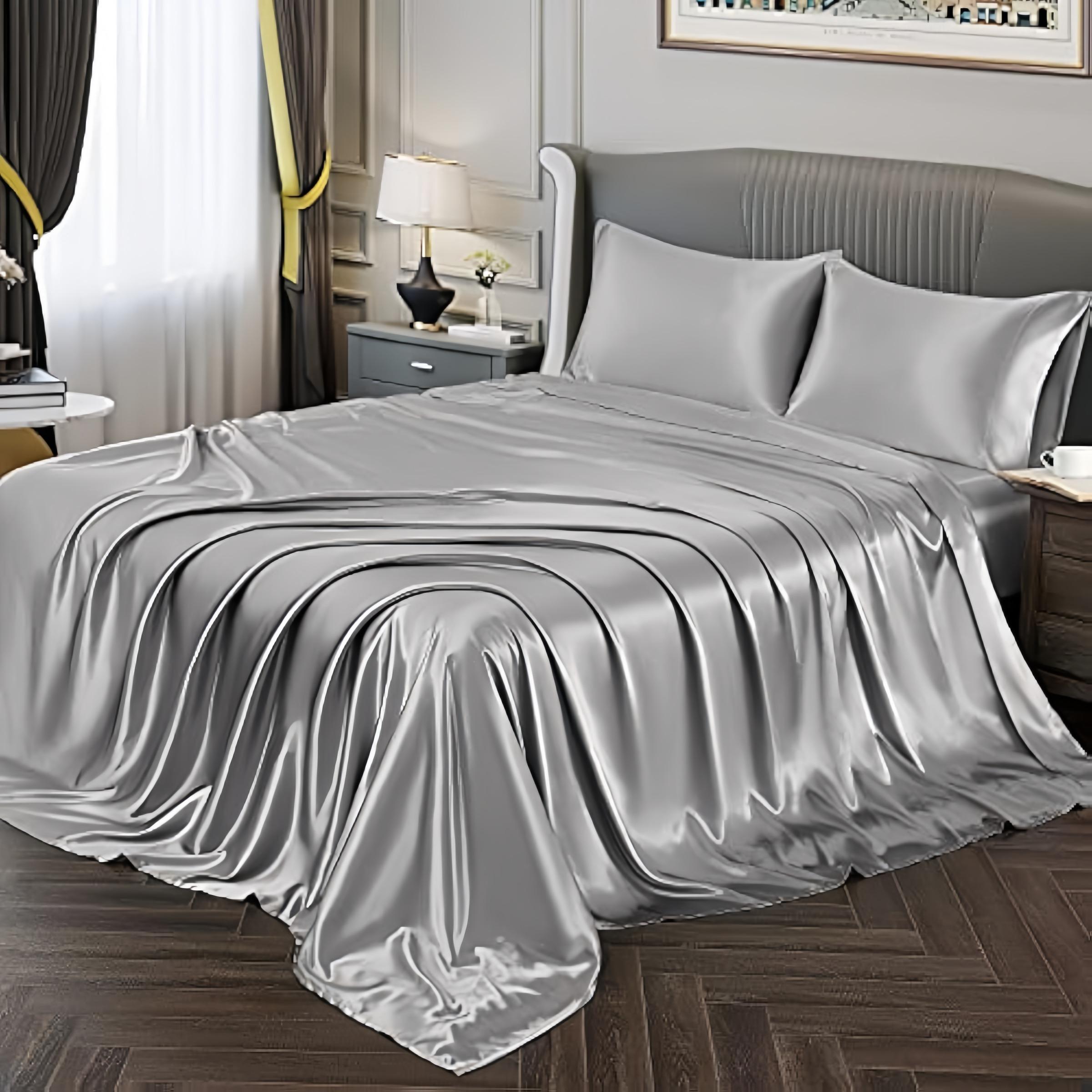 Solid Color Satin Bedding Set, 1 Count Flat Sheet & 1 Count Silky Fitted Sheet & 2 Counts Pillowcase without Filler, Soft Bedding Set for Home Bedroom, Satin Bed Sheets