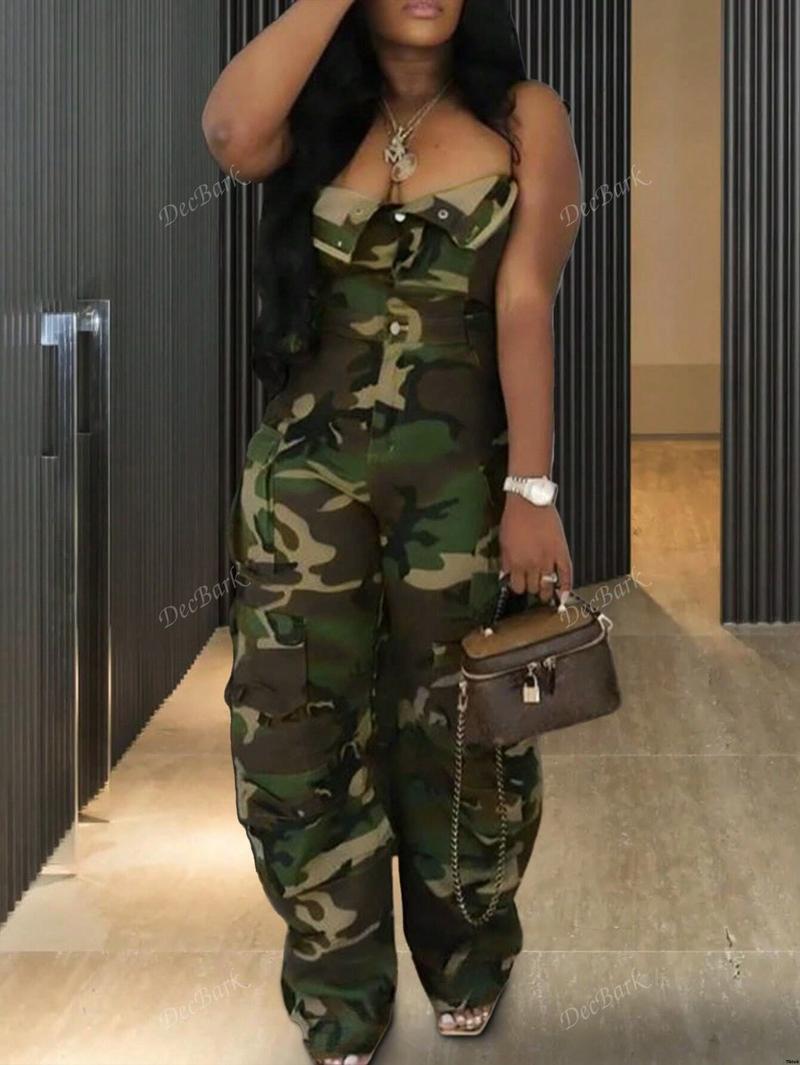 Pockets Jumpsuit Print Camo Plus Size Utility With