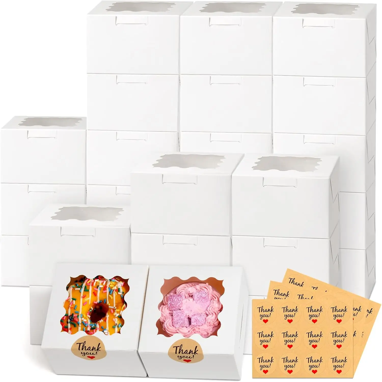 26 count White Cookie Boxes with Window, 4x4x2.5 Inches Small Bakery Boxes with 36 count Stickers, for Mini Cake Cookies  Dessert Pastry Donuts Macaroon Strawberries  Cupcakes Candy