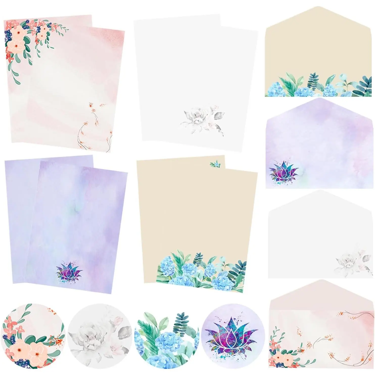 Stationery Writing Paper with Envelopes,4 Different Style Decorative Stationery Sheets, Double-sided Printing,32 Stationery Papers+16 Envelopes, 7.5" x 10.4" of Each Stationery Paper