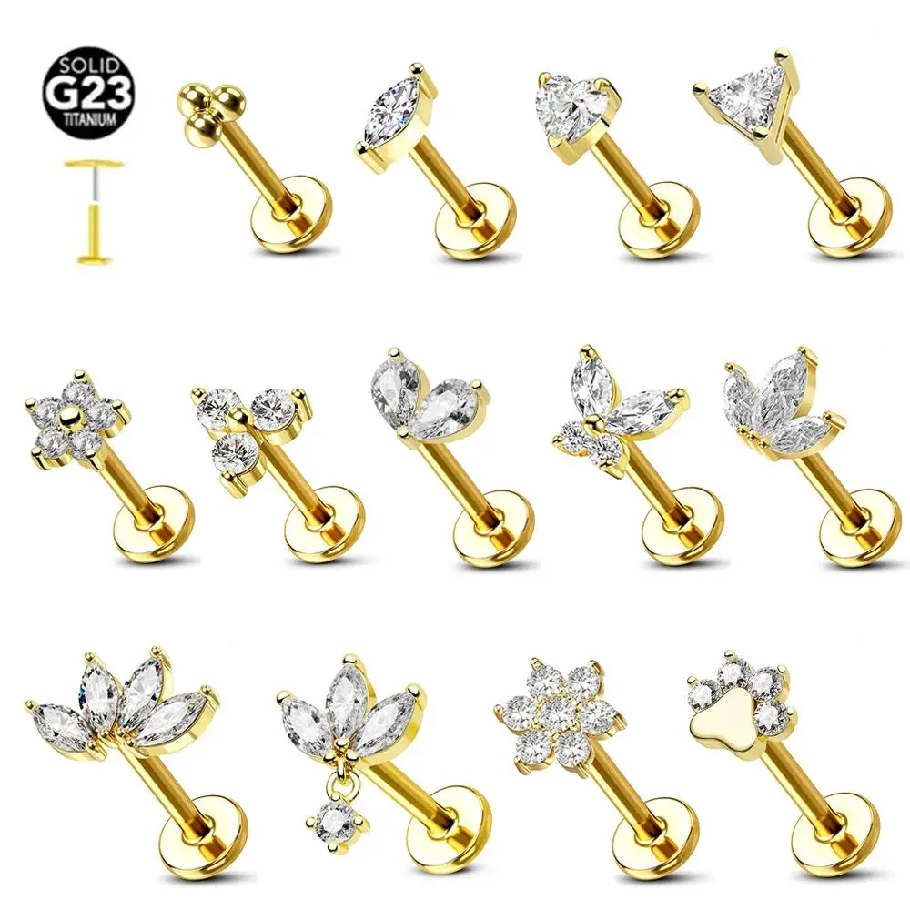 ASTM F136 G23 Titanium Flower Threadless Earring Piercing Petals Leaf Heart Butterfly Pin Daith Conch Push in Labret Stud