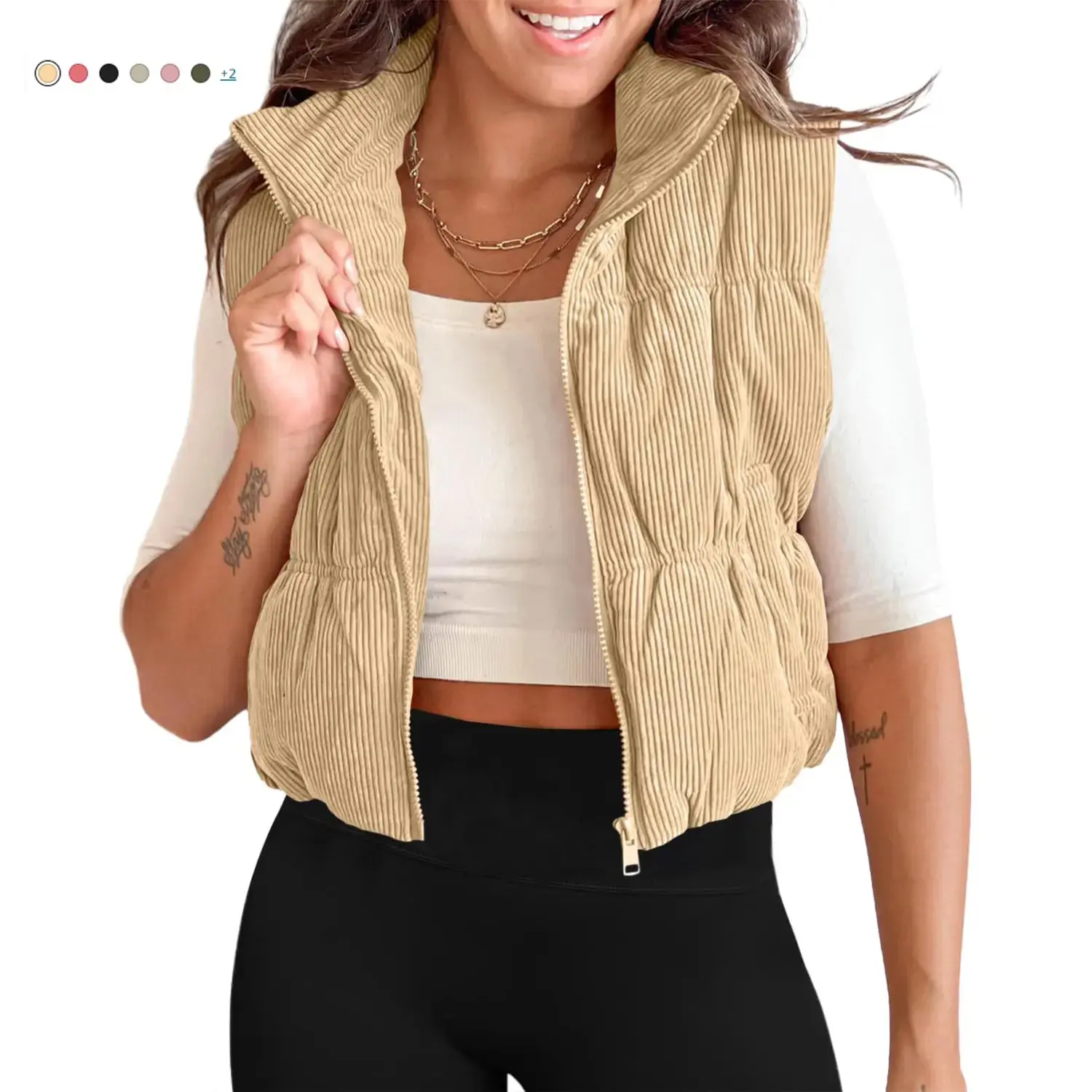 Women's Polyester Corduroy Puffer Vest - Casual Sleeveless Outerwear, Fitted, Stand Collar, Frontzip, Cropped, Padded Gilet with Pockets, Comfy Layer for Tops