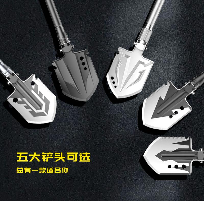 Multifunctional folding shovel, a camping survival tool, equipped with a flint fire starter, suitable for hiking, hunting, fishing, and other outdoor activities