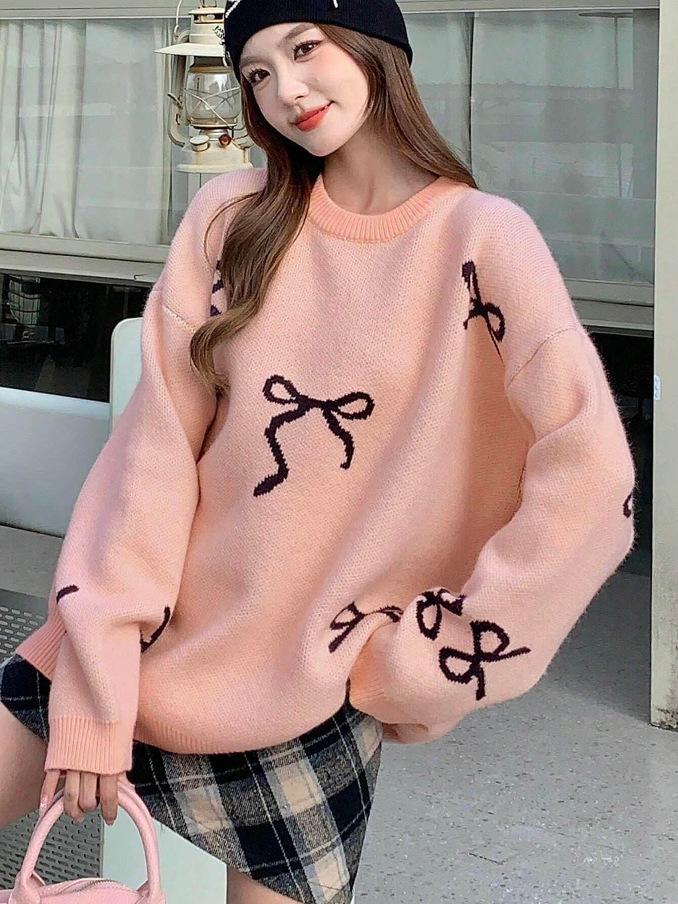Women's Bow Print Crew Neck Sweater, Casual Long Sleeve Jumper for Fall & Winter, Fashion Ladies' Knitwear Womenswear for Daily Wear Valentine's Day, Gift, Sweaters for Women