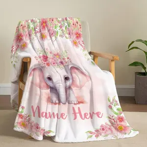 Custom Name Floral Crown Elephant Flannel Throw Blanket, Personalized Name Here Blanket with Rose Wreath Design, Soft Cozy Warm Shower Gift for Girl, Customizable Name Text