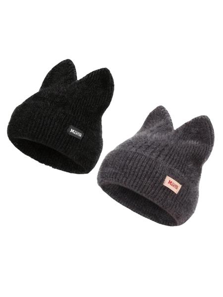 Cute Cat Ear Design Beanie Hat, Casual Solid Color Knit Hat for Fall & Winter, Warm Pullover Elastic Yarn Cap for Outdoor Activities