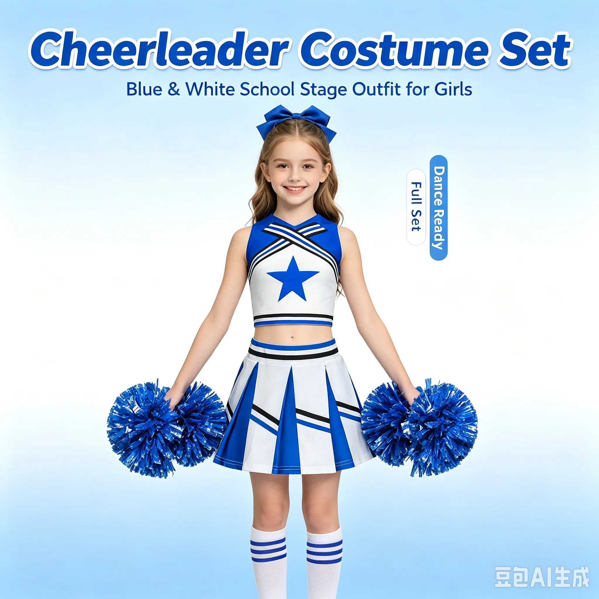 Girls Cheerleader Costume Set | Blue & White School Stage Outfit with Pom-Poms, Bow and Socks for Halloween, Competitions & Dress-Up